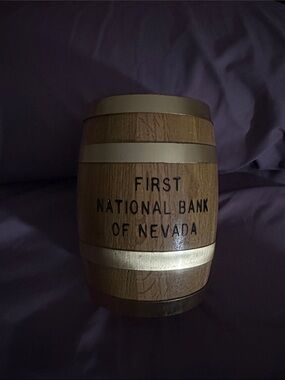First National Bank of Nevada Wooden Barrel Bank - Wood & Gold piggy bank